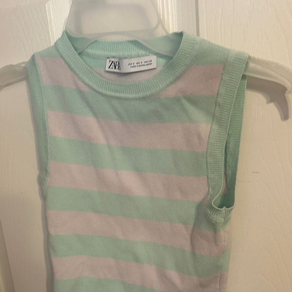 Zara Pastel Green and White Striped knit crop Top